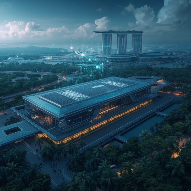 Aerial view of Singapore’s Marina Bay area featuring the Marina Bay Sands hotel and a modern convention center, with a teal network overlay in the sky and surrounding greenery.