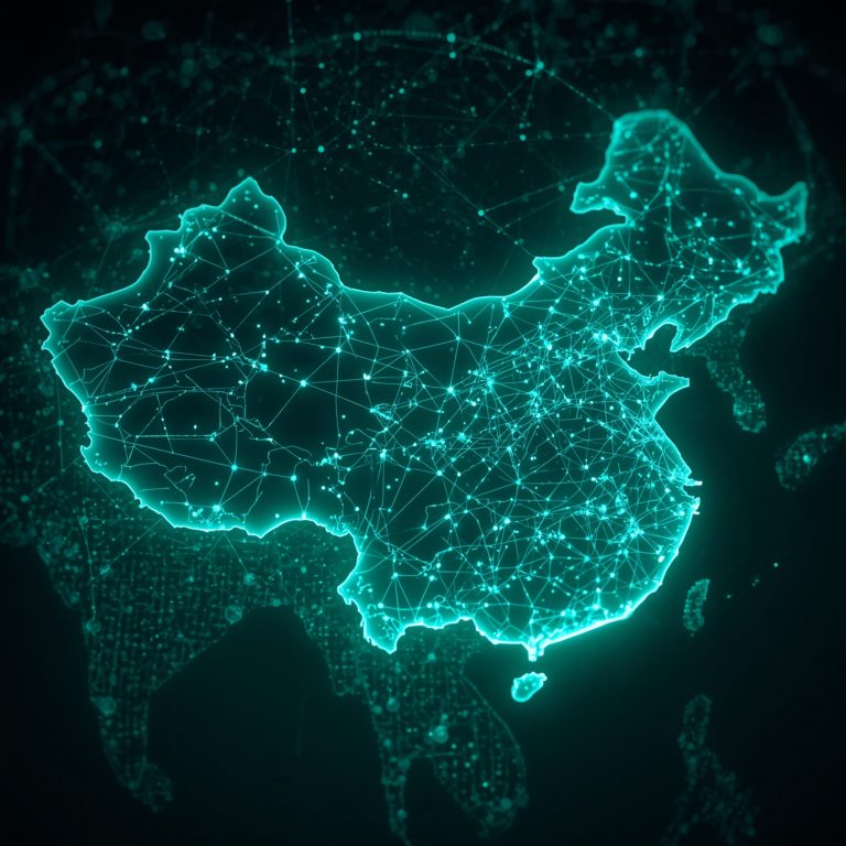 China map outlined in glowing teal with interconnected network nodes and lines