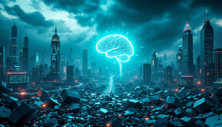Futuristic city skyline at night with a glowing blue brain-shaped hologram above the horizon amid rubble in the foreground.