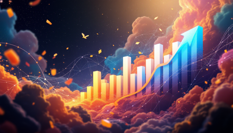 Rising bar chart with orange-to-blue gradient ascending through fiery clouds, representing growth.
