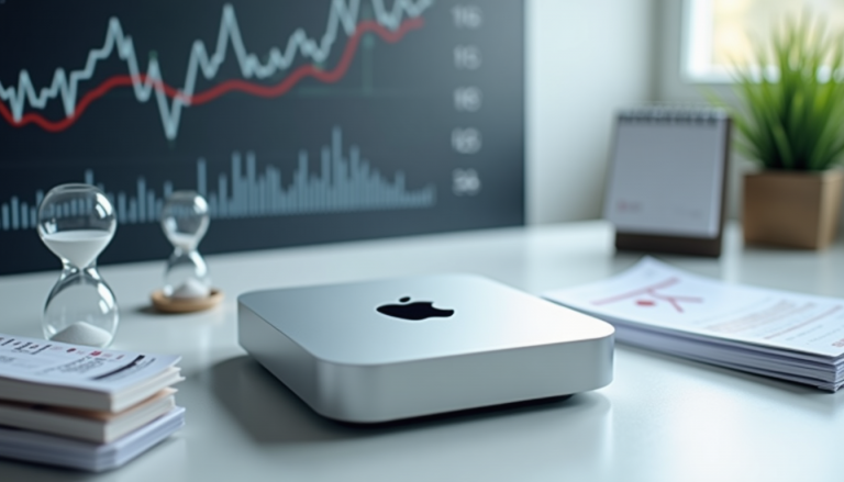 Silver Mac mini on a clean desk with a monitor showing stock market charts, plus stacks of papers, two hourglasses, and a plant in the background.
