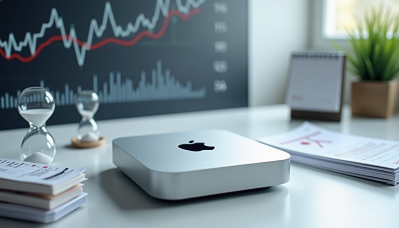 Silver Mac mini on a clean desk with a monitor showing stock market charts, plus stacks of papers, two hourglasses, and a plant in the background.