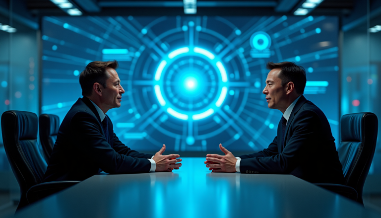 Two businessmen in suits face each other across a conference table in a high-tech room with a glowing blue holographic centerpiece behind them.