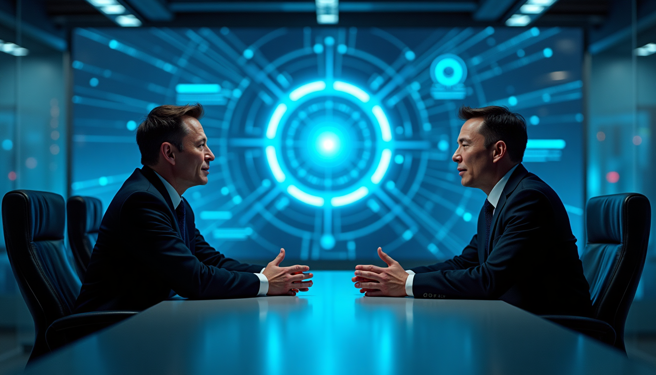 Two businessmen in suits face each other across a conference table in a high-tech room with a glowing blue holographic centerpiece behind them.