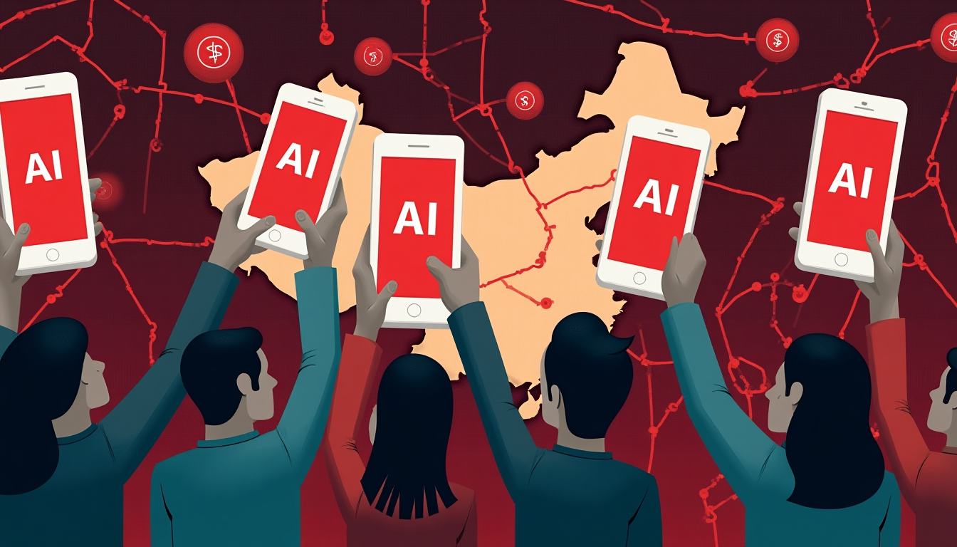 People raise several smartphones displaying AI logos over a stylized map of India with red network lines, symbolizing AI collaboration across the country.