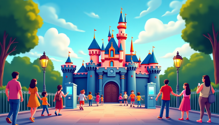 Colorful fantasy castle at a sunny amusement park with families walking toward the entrance.