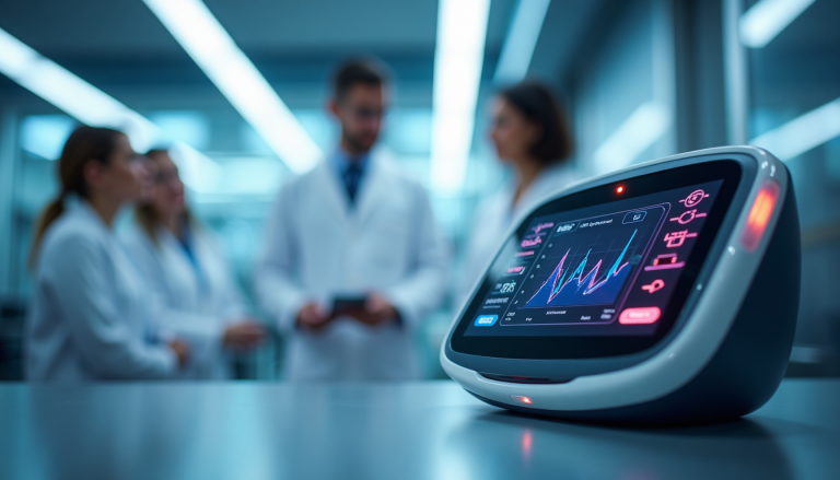 Close-up of a digital medical monitor displaying graphs, with clinicians in lab coats blurred in the background.