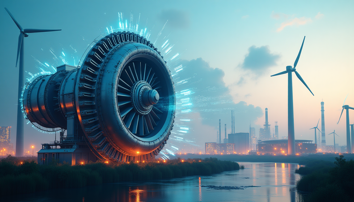 Massive futuristic turbine with blue energy rings beside a wind farm and illuminated industrial skyline by a river at dusk
