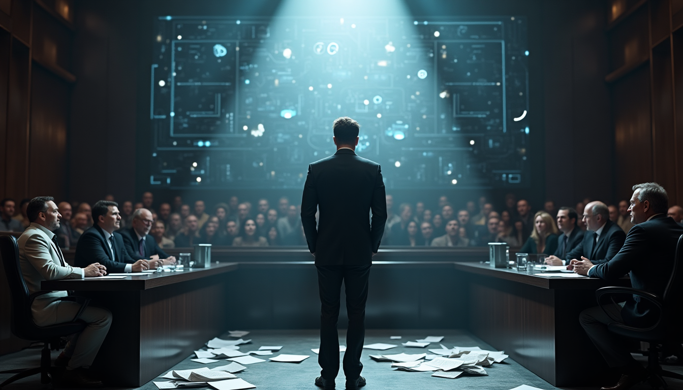 Back view of a man in a dark suit addressing a large audience in a boardroom; scattered papers on the floor ahead of him