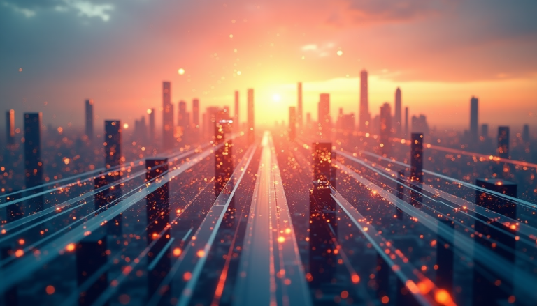 Futuristic city skyline at sunset with glowing blue light lines projecting through the streets and orange bokeh lights.