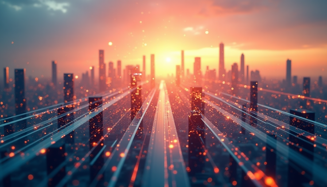 Futuristic city skyline at sunset with glowing blue light lines projecting through the streets and orange bokeh lights.