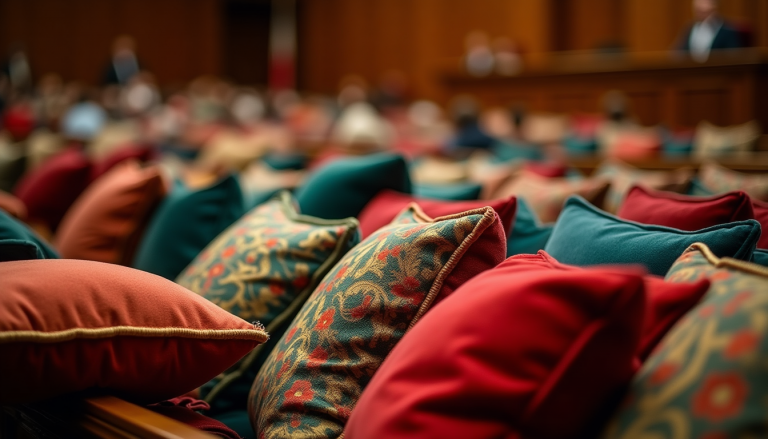 Close-up of colorful decorative cushions on auditorium seats, with a blurred audience and podium in the background.