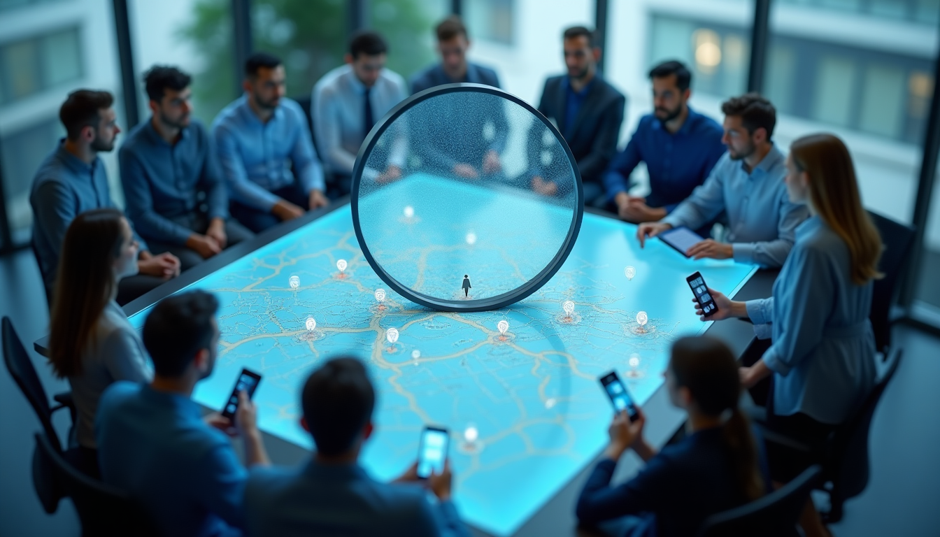 Team of professionals around a glowing blue map table; a magnifying glass highlights a single figure, symbolizing focus on a person.