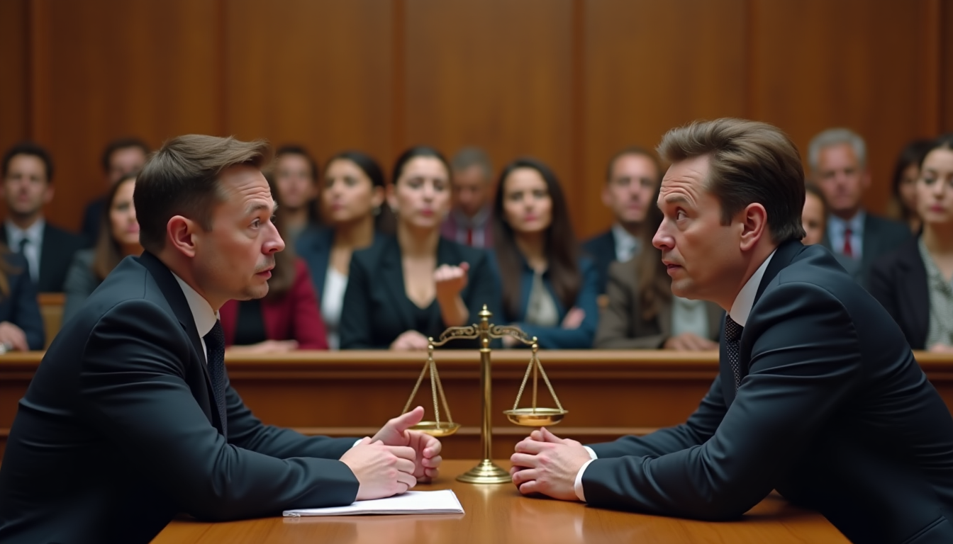 Two men in suits sit across from each other at a wooden table in a courtroom, a brass scales symbol between them, with a courtroom audience in the background.