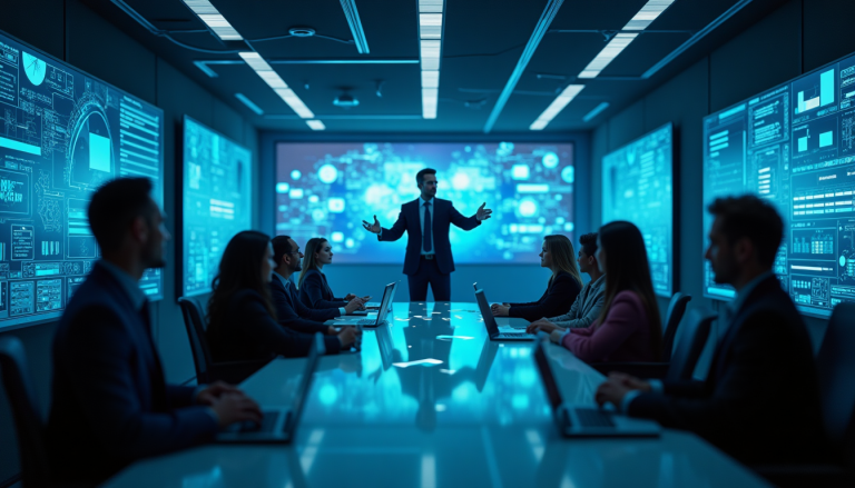 Business meeting in a high-tech command room; a presenter in a suit stands at the head of a glass table, laptops open, blue digital displays surround the group.