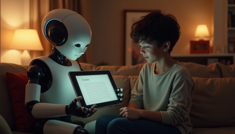 Humanoid robot and boy sit on a couch, robot holding a tablet with text for the boy.