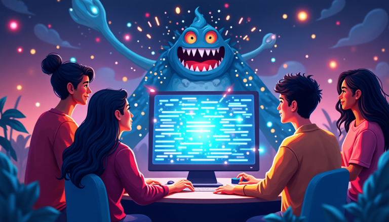 Four friends work around a computer with bright code on the screen as a blue monster looms behind them in a colorful night scene.