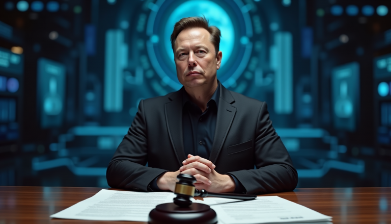Man in a black suit sits at a wooden desk with a gavel and documents in a high-tech, blue-lit chamber.