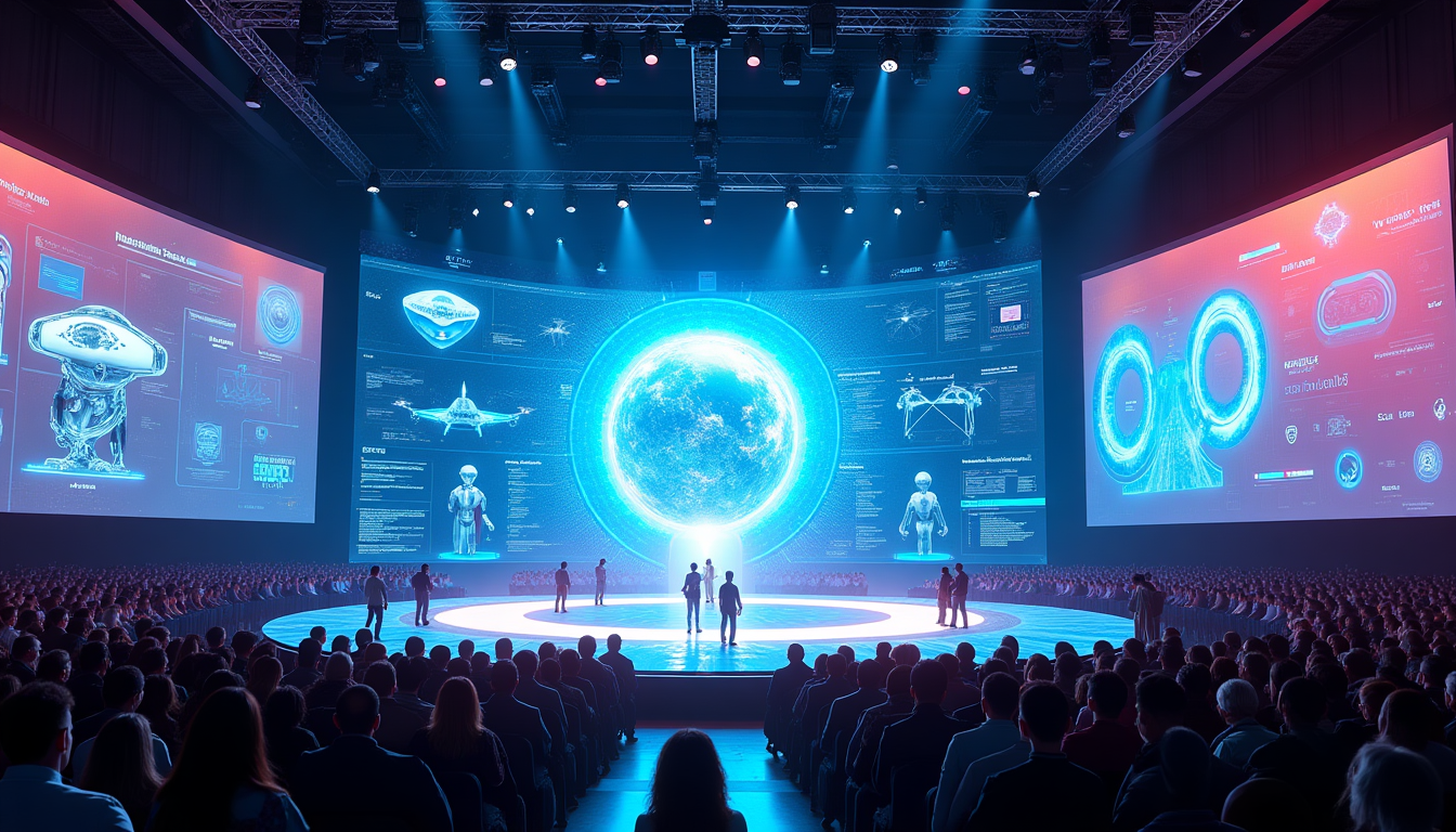 Large futuristic conference hall with a bright blue holographic globe at center stage and multiple screens displaying tech data; audience seated in a circular arena.