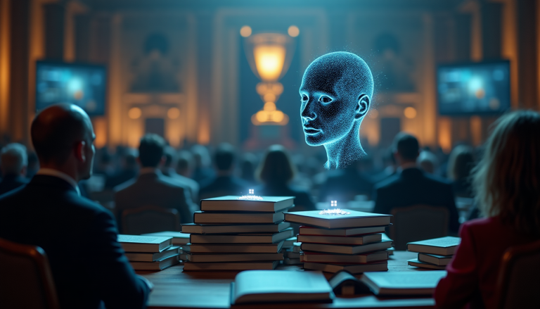 Blue holographic humanoid head rising from a stack of books on a conference table as the audience watches in a grand hall.
