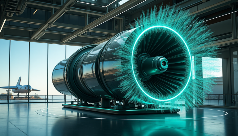 Large jet engine on a pedestal inside a glass-walled hangar, with a cyan-glow ring around the turbine and an airplane visible outside.