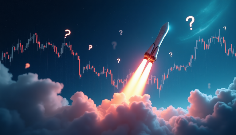 Rocket launching through pink clouds with a stock chart and floating question marks, symbolizing market uncertainty and a leap to the moon.