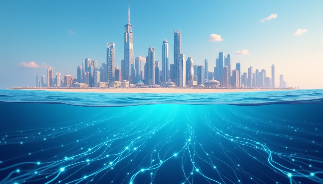 City skyline above calm ocean with a visible underwater network of glowing blue lines and nodes beneath the surface.