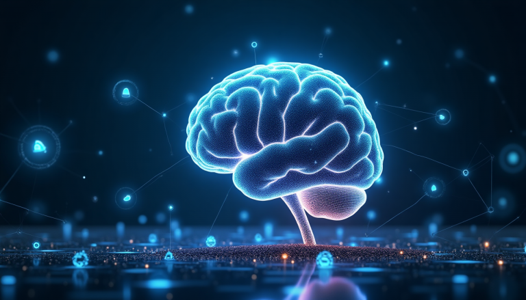 Glowing blue brain with networked connections, symbolizing AI and neuroscience.