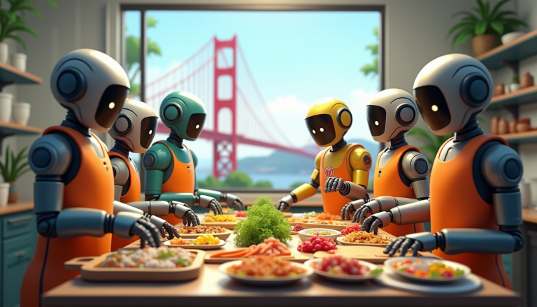 Seven robots in orange aprons sit around a kitchen table full of dishes, with a plant centerpiece, as a red bridge is visible through the window behind them.
