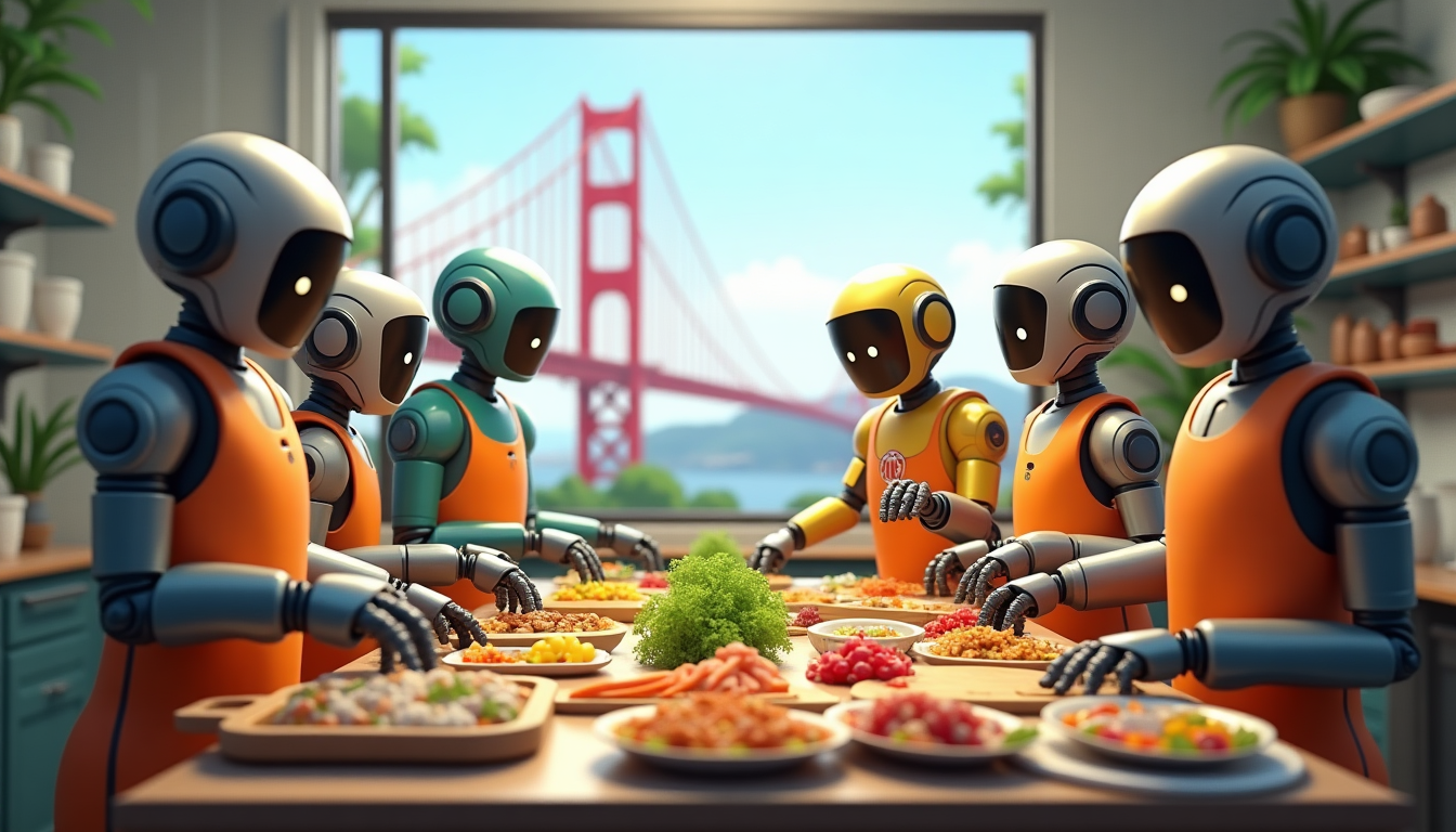 Seven robots in orange aprons sit around a kitchen table full of dishes, with a plant centerpiece, as a red bridge is visible through the window behind them.
