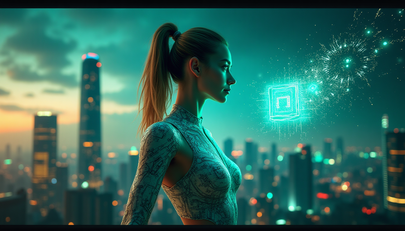 Profile of a woman in a patterned futuristic top, gazing toward a glowing holographic square above a neon cityscape.