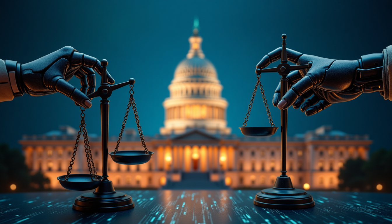 Robotic hands balance scales of justice in front of a lit government building at night.