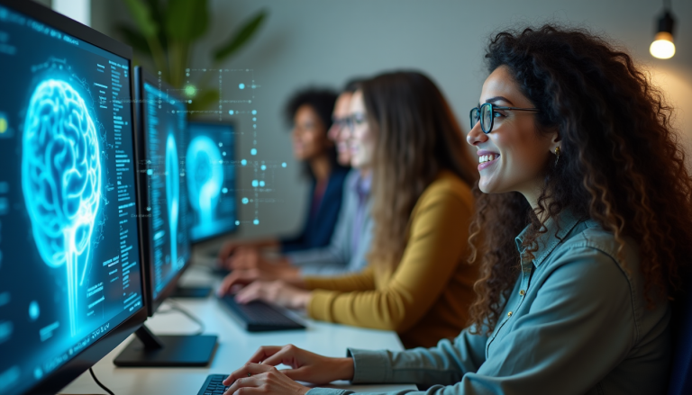 Diverse team of women analyzing brain-imaging scans on large computer monitors in a bright lab.