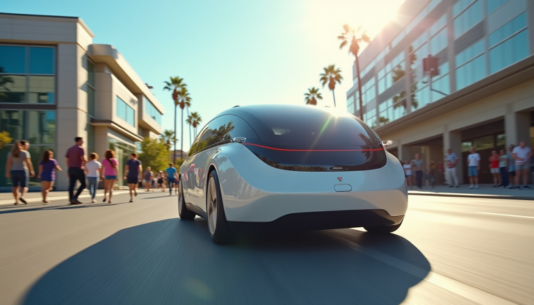 Futuristic autonomous car driving down a sunny city street as pedestrians watch from the sidewalks, palm trees lining the road.