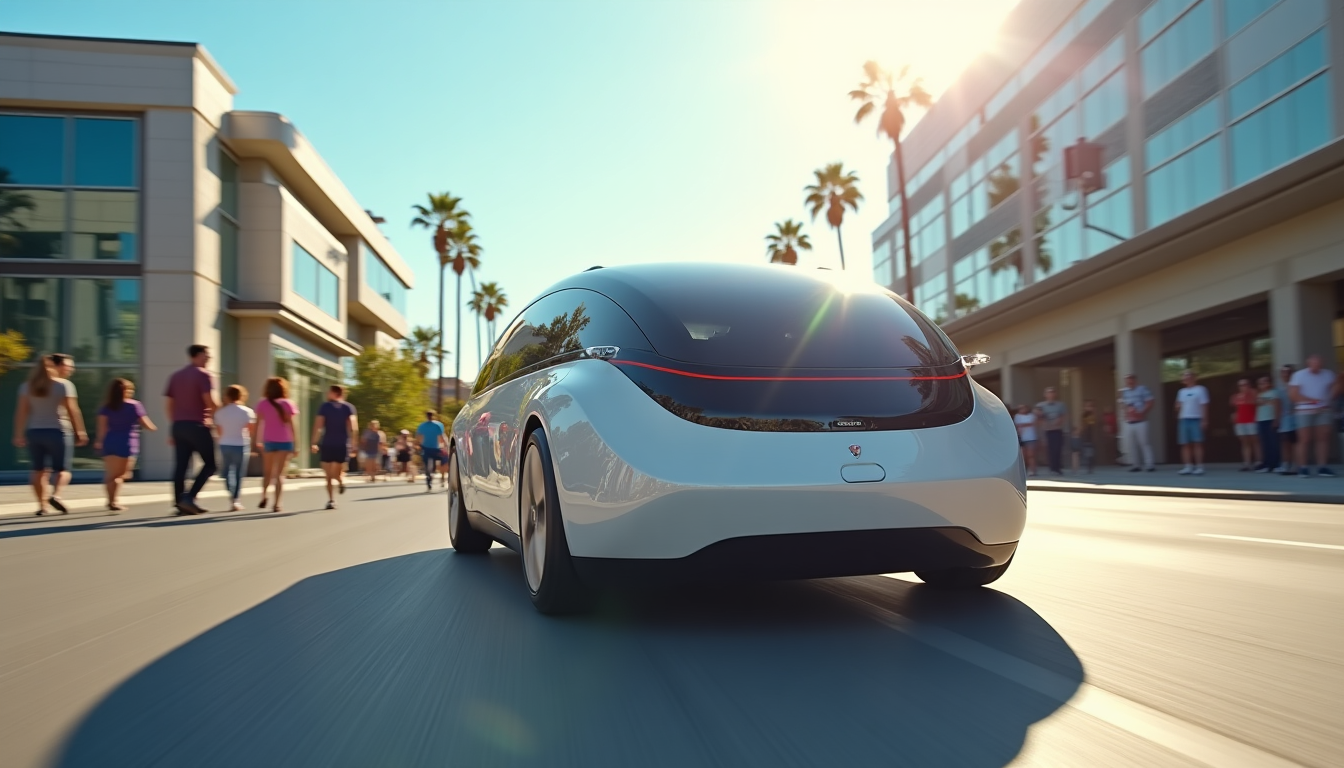 Futuristic autonomous car driving down a sunny city street as pedestrians watch from the sidewalks, palm trees lining the road.