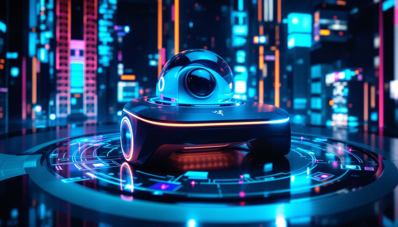 Futuristic robotic device on a glowing circular platform in a neon cityscape at night, conveying advanced tech.
