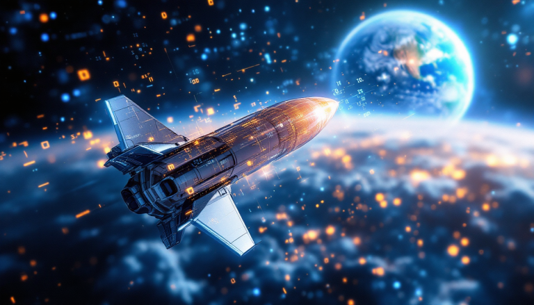 Futuristic rocket cruising in space above Earth, surrounded by glowing orange particles and blue glow.