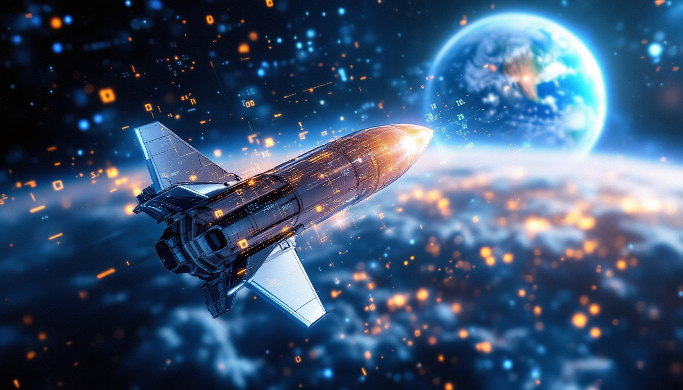 Futuristic rocket cruising in space above Earth, surrounded by glowing orange particles and blue glow.