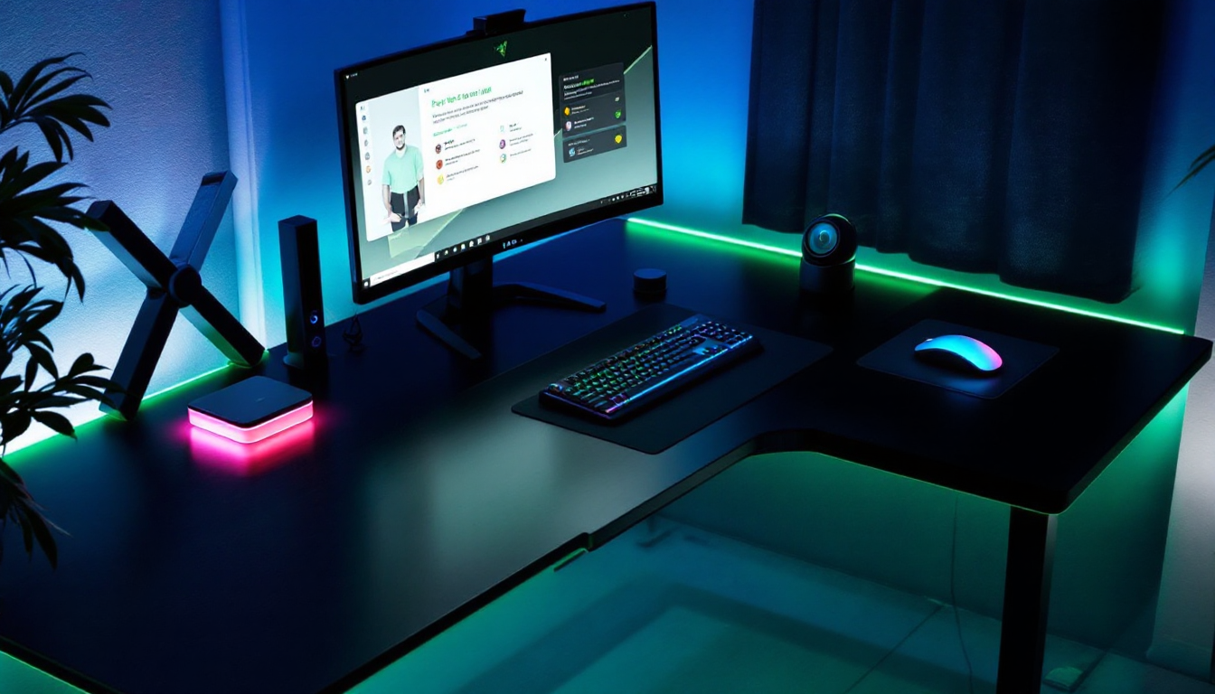 Modern desk setup with a curved RGB-lit desk, a large monitor, mechanical keyboard, RGB mouse, and ambient under-desk lighting in blue and green hues