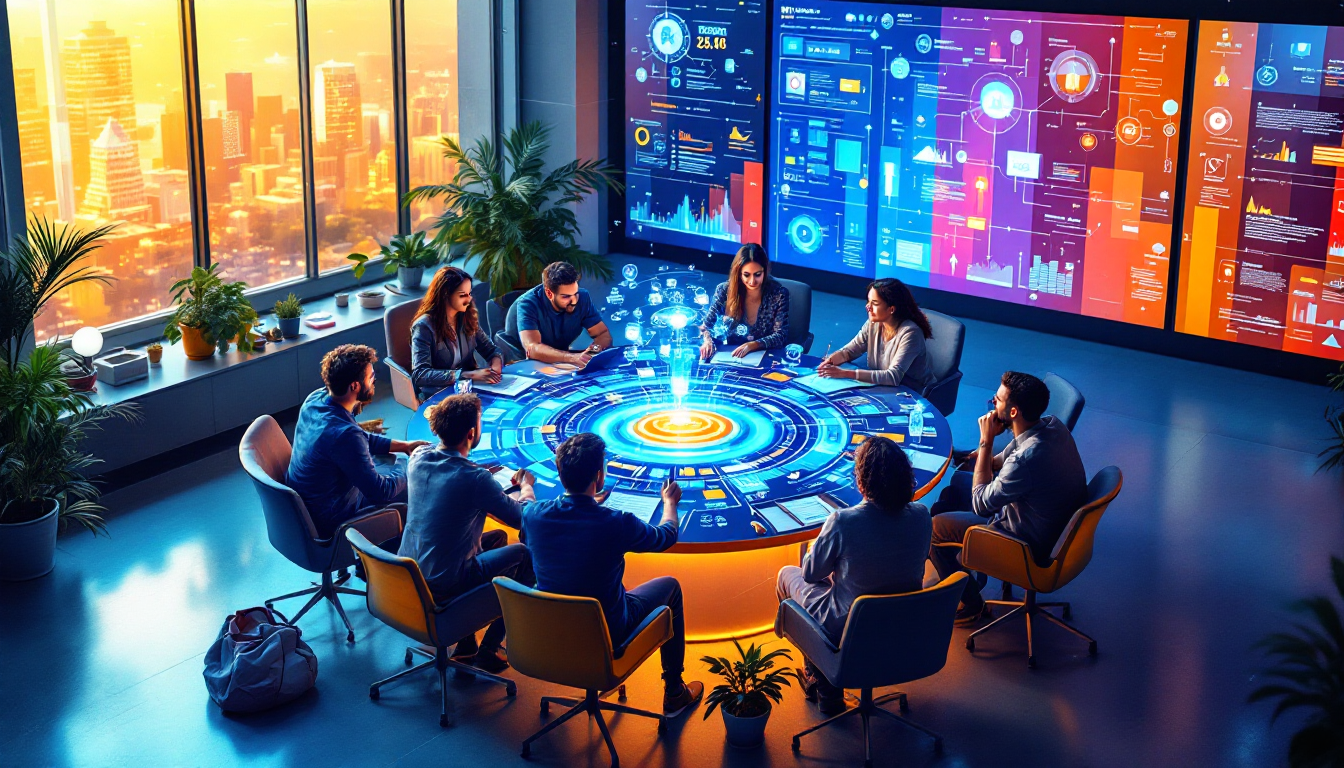 Team of eight around a glowing circular touchscreen table in a high-tech conference room