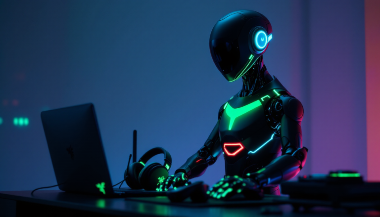 Futuristic robot with glowing green and blue lights at a desk, typing on a keyboard beside a laptop and headset.