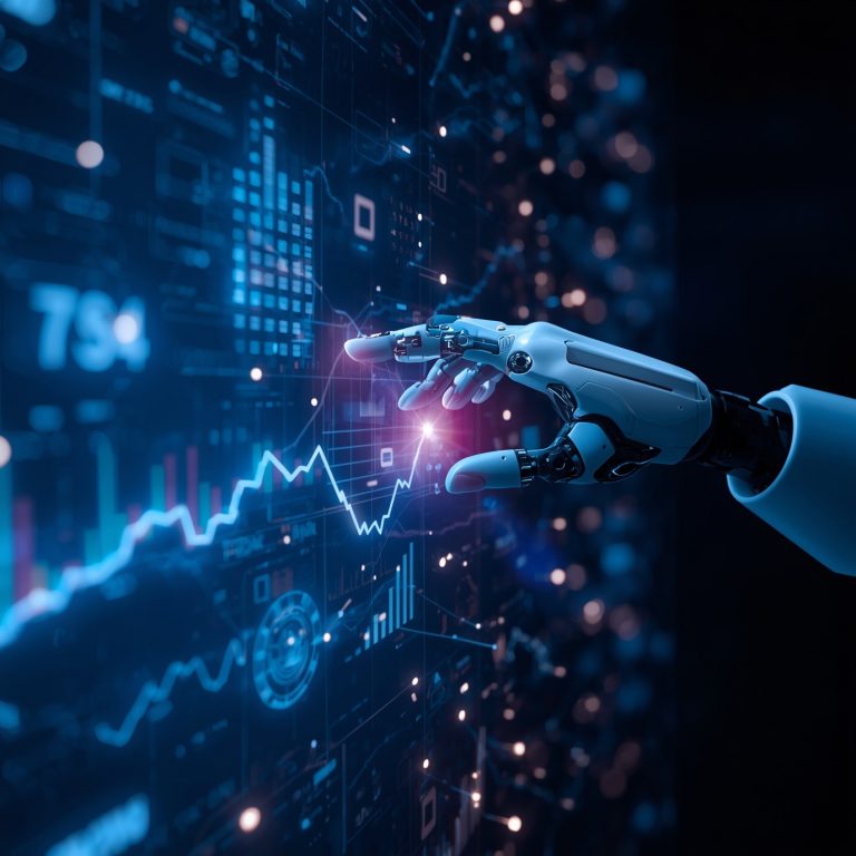 Robotic hand tapping a holographic data dashboard with graphs and digital UI elements in blue the glow of futuristic tech color scheme