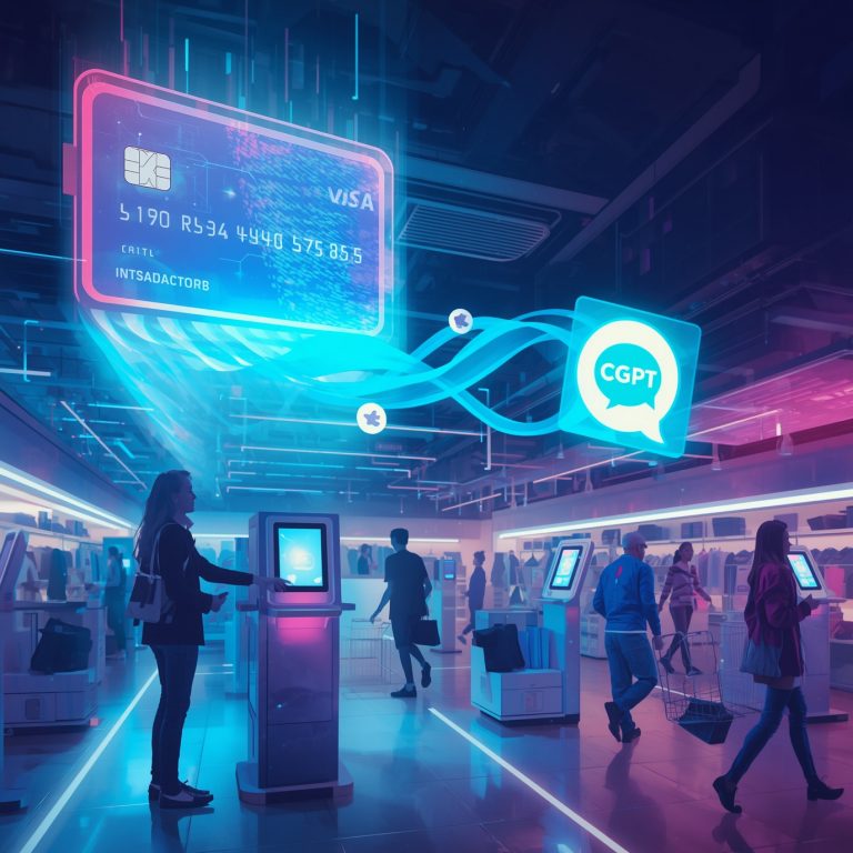 Futuristic airport checkout area with a glowing holographic credit card and a CGPT chat bubble, travelers using self-checkout kiosks.