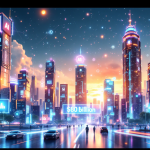 Futuristic city skyline at sunset with neon AI signs, glowing skyscrapers, and pedestrians crossing a wet street.