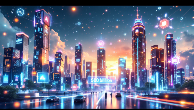 Futuristic city skyline at sunset with neon AI signs, glowing skyscrapers, and pedestrians crossing a wet street.