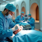 Surgeon in blue scrubs and mask performs a procedure on a patient in a brightly lit operating room.