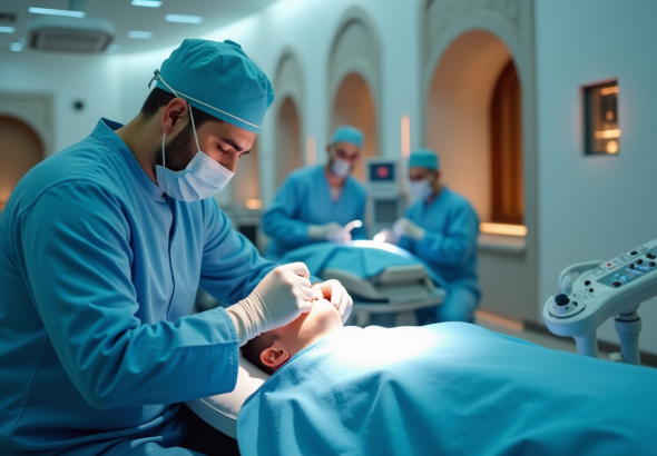 Surgeon in blue scrubs and mask performs a procedure on a patient in a brightly lit operating room.