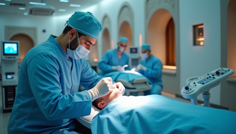 Surgeon in blue scrubs and mask performs a procedure on a patient in a brightly lit operating room.