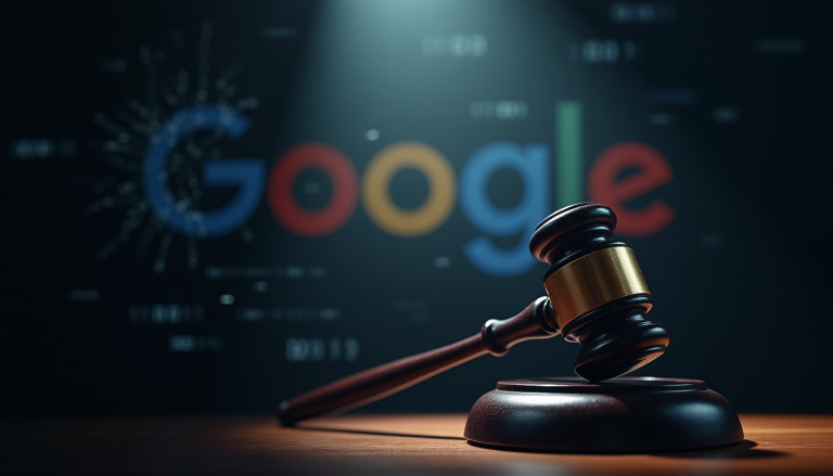 Gavel on a wooden desk with a blurred Google logo in the background, conveying a tech or antitrust legal context.