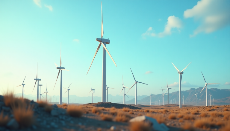 Wind turbines stand in an arid desert landscape under a clear blue sky with distant mountains on the horizon.